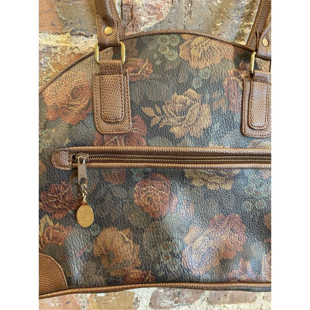 SUN Rose Floral Print Black Faux Leather Brown ‘Gator Trim Shoulder Bag - Picture 3 of 13